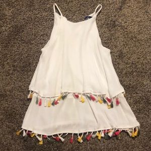 White tank with multicolored tassels